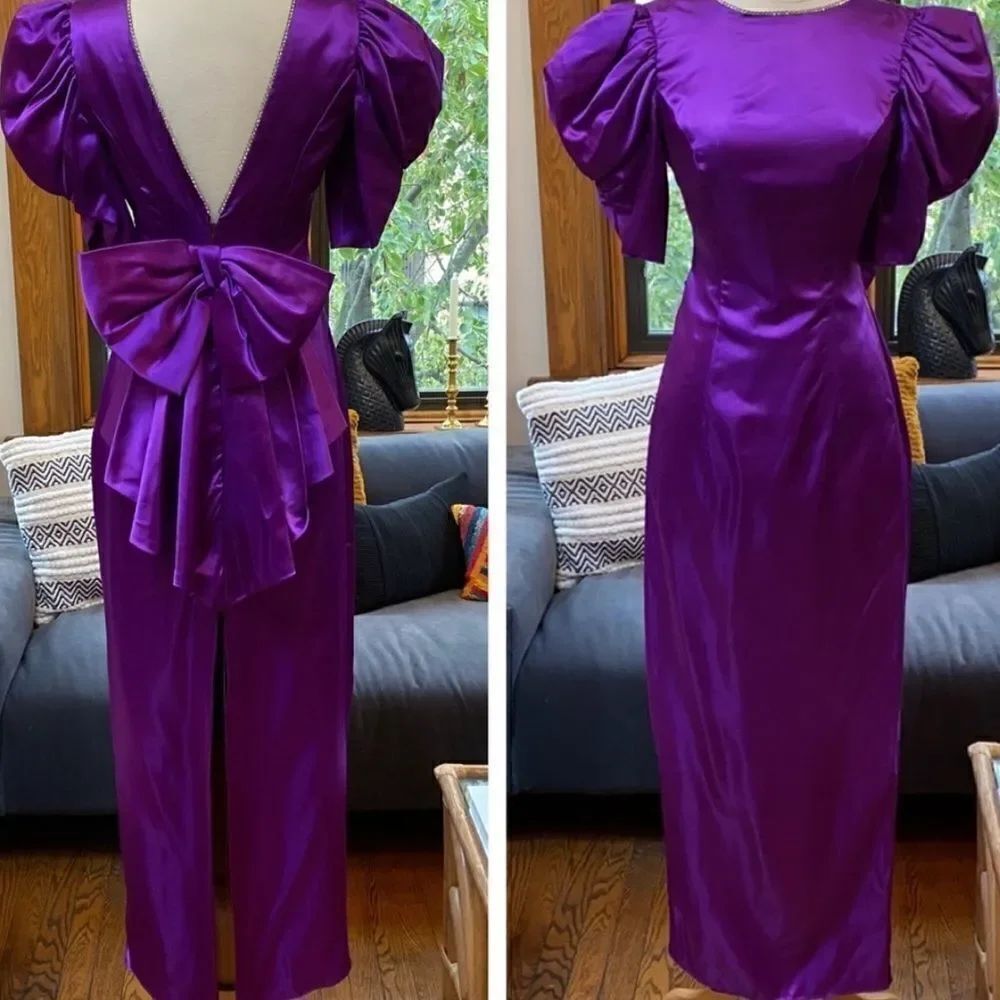 Killer Vintage 80s Purple Bow Back Rhinestone Gown